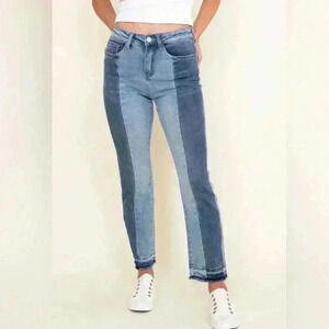Flying Monkey sz 26 two tone color block jean frayed hem high waist best seller
